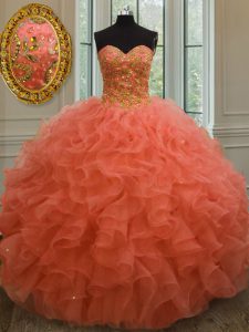 Sumptuous Sleeveless Organza Floor Length Lace Up Sweet 16 Dresses in Orange Red with Beading and Ruffles
