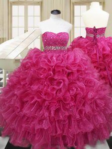 Latest Organza Sweetheart Sleeveless Lace Up Beading and Ruffles Quinceanera Dresses in Hot Pink
