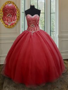Red Sweetheart Lace Up Beading Ball Gown Prom Dress Sleeveless