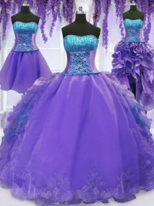 Lovely Four Piece Sleeveless Floor Length Embroidery and Ruffles Lace Up Ball Gown Prom Dress with Lavender