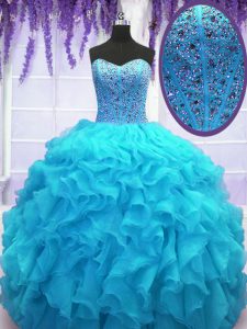 On Sale Beading and Ruffles 15th Birthday Dress Baby Blue Lace Up Sleeveless Floor Length