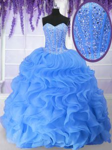 Sequins Sweetheart Sleeveless Lace Up 15th Birthday Dress Blue Organza