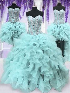 Four Piece Organza Sleeveless Floor Length Quinceanera Gowns and Ruffles and Sequins