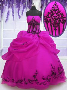 Dazzling Floor Length Lace Up Sweet 16 Quinceanera Dress Fuchsia for Military Ball and Sweet 16 and Quinceanera with Emb