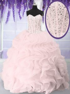 Eye-catching Pink Ball Gowns Beading and Ruffles Quinceanera Gown Lace Up Organza Sleeveless Floor Length