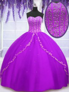 Purple Sleeveless Floor Length Beading and Sequins Lace Up Quince Ball Gowns