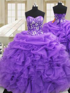 Floor Length Purple Sweet 16 Dress Organza Sleeveless Embroidery and Ruffles