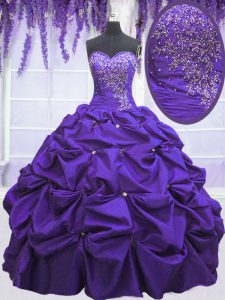 Floor Length Purple Ball Gown Prom Dress Taffeta Sleeveless Beading and Pick Ups