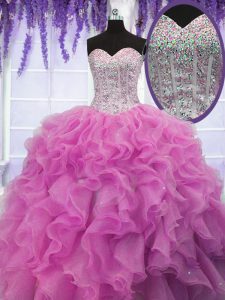 Extravagant Rose Pink Quinceanera Dresses Military Ball and Sweet 16 and Quinceanera and For with Sequins Sweetheart Sle