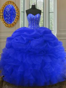 Royal Blue Sleeveless Floor Length Beading and Ruffles and Pick Ups Lace Up Quince Ball Gowns