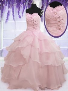 Best Sleeveless Floor Length Ruffled Layers Lace Up Quinceanera Gown with Baby Pink