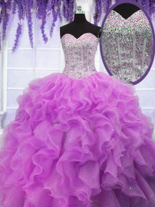 Fuchsia Organza Lace Up Sweetheart Sleeveless Floor Length Sweet 16 Dresses Ruffles