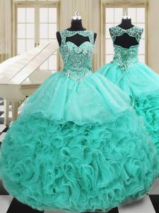 Super Organza Scoop Sleeveless Court Train Lace Up Beading and Ruffles Quinceanera Gown in Apple Green