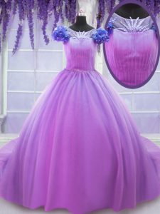 Scoop Lilac Ball Gowns Hand Made Flower 15th Birthday Dress Lace Up Tulle Short Sleeves Floor Length