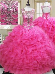 Low Price Hot Pink Scoop Neckline Beading and Ruffles Quinceanera Dress Sleeveless Lace Up