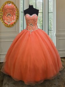 Suitable Orange Red Organza Lace Up Sweet 16 Dresses Sleeveless Floor Length Sequins