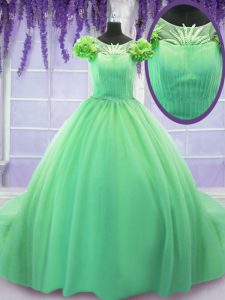 Beautiful Scoop Green Short Sleeves Court Train Hand Made Flower 15 Quinceanera Dress