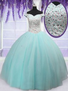 Off The Shoulder Short Sleeves Tulle Quinceanera Dress Beading Lace Up