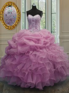 Baby Pink Ball Gowns Organza Sweetheart Sleeveless Beading and Pick Ups Floor Length Lace Up Ball Gown Prom Dress