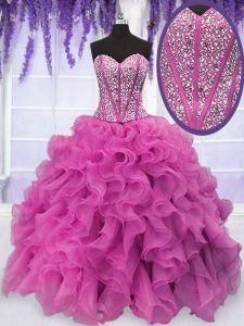 Hot Pink Ball Gowns Organza Sweetheart Sleeveless Beading and Ruffles Floor Length Lace Up Quinceanera Gown