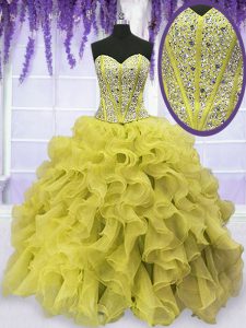 Gold Ball Gowns Sweetheart Sleeveless Organza Floor Length Lace Up Beading and Ruffles 15th Birthday Dress
