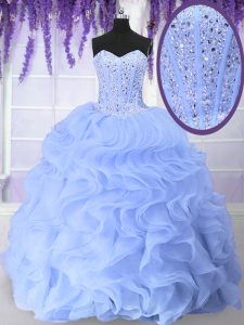 Light Blue Lace Up Quinceanera Gown Beading and Ruffles Sleeveless Floor Length