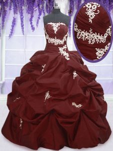 Flare Floor Length Lace Up Sweet 16 Dresses Burgundy for Military Ball and Sweet 16 and Quinceanera with Appliques and P