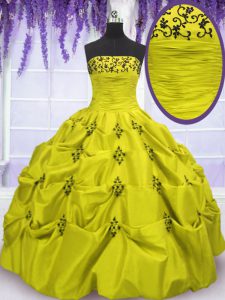 Sleeveless Floor Length Embroidery and Ruffled Layers Lace Up Quinceanera Dresses with Olive Green