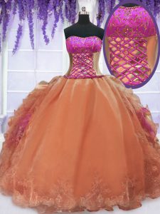 Floor Length Lace Up Ball Gown Prom Dress Orange for Military Ball and Sweet 16 and Quinceanera with Embroidery and Ruff