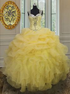 Straps Organza Sleeveless Floor Length Ball Gown Prom Dress and Beading and Ruffles