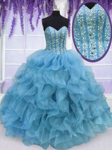Beauteous Aqua Blue Sweetheart Neckline Beading and Ruffles 15 Quinceanera Dress Sleeveless Lace Up
