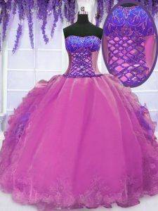 Lilac Sleeveless Floor Length Embroidery and Ruffles Lace Up Vestidos de Quinceanera