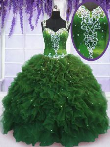 Green Quinceanera Gowns Military Ball and Sweet 16 and Quinceanera and For with Beading and Ruffles Straps Sleeveless Zi