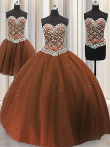 Luxury Three Piece Floor Length Lace Up Ball Gown Prom Dress Brown for Military Ball and Sweet 16 and Quinceanera with B