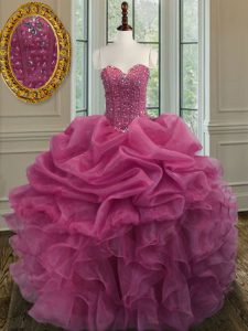 Adorable Organza Sweetheart Sleeveless Lace Up Beading and Ruffles Quinceanera Dress in Lilac