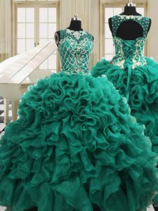 Glamorous Teal Lace Up Scoop Beading and Ruffles Ball Gown Prom Dress Organza Sleeveless