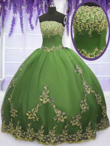 Sleeveless Tulle Floor Length Zipper 15 Quinceanera Dress in Olive Green with Appliques