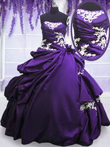 Customized Purple Taffeta Lace Up Strapless Sleeveless Floor Length Quinceanera Gown Appliques and Pick Ups