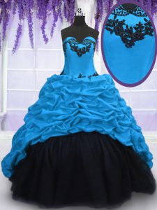 Custom Design Pick Ups Sweetheart Sleeveless Sweep Train Lace Up Quinceanera Gowns Blue Taffeta