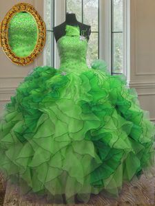 Strapless Sleeveless Organza Quinceanera Gown Beading and Ruffles Lace Up