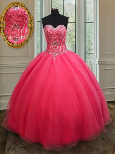 Dynamic Coral Red Ball Gowns Beading Quinceanera Dresses Lace Up Organza Sleeveless Floor Length