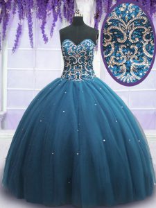 Teal Sweetheart Lace Up Beading and Appliques Quinceanera Gowns Sleeveless