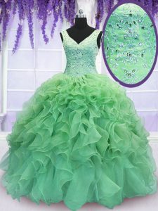 Floor Length Lace Up 15th Birthday Dress for Military Ball and Sweet 16 and Quinceanera with Beading and Ruffles