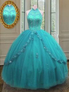 Aqua Blue Sleeveless Tulle Lace Up Sweet 16 Quinceanera Dress for Military Ball and Sweet 16 and Quinceanera