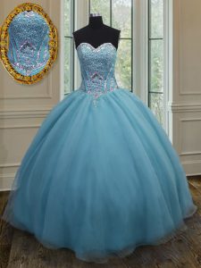 Most Popular Organza Sweetheart Sleeveless Lace Up Beading Ball Gown Prom Dress in Baby Blue
