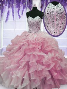 Rose Pink Sweetheart Lace Up Beading and Ruffles Quince Ball Gowns Sleeveless