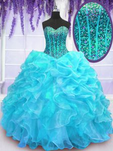 Comfortable Pick Ups Sweetheart Sleeveless Lace Up Quinceanera Gown Aqua Blue Organza