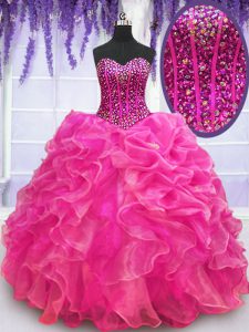 Custom Made Sleeveless Organza Floor Length Lace Up Quinceanera Gown in Hot Pink with Beading and Ruffles