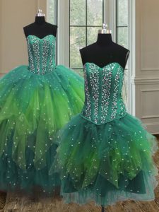 High Class Three Piece Floor Length Lace Up Quinceanera Gown Multi-color for Military Ball and Sweet 16 and Quinceanera 