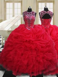 Scoop Red Sleeveless Floor Length Beading and Pick Ups Lace Up Quinceanera Gown